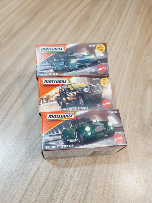 Matchbox 1997 Mclaren F1 GT, 2024 Gmc Sierra 3500 Wrecker & 1965 Shelby Cobra 427