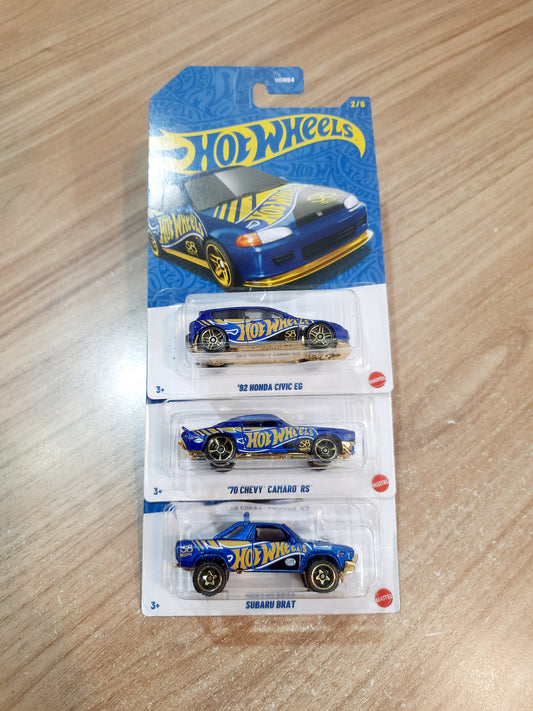 Hot Wheels 58th Anniversary 92 Honda Civic EG, 70 Chevy Camaro RS & Subaru Brat Combo Pack