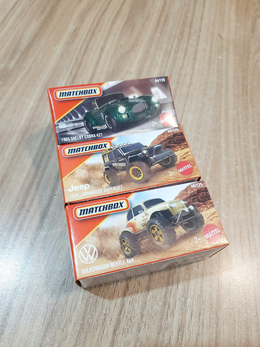 Matchbox 1965 Shelby Cobra 427, Jeep Wrangler Superlift & Volkswagen Beetle 4x4