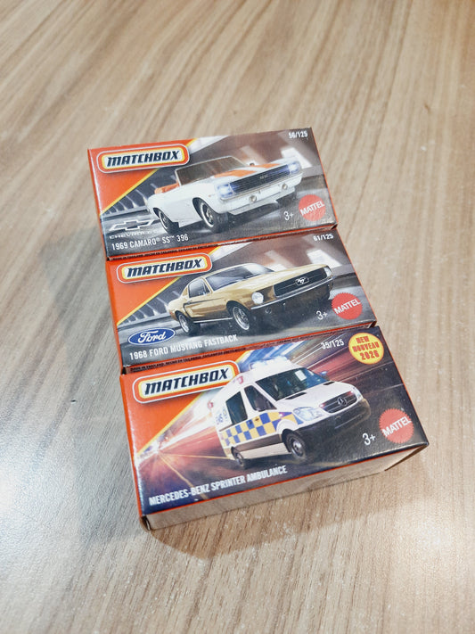 Matchbox 1969 Camaro SS 396, 1968 Ford Mustang Fastback & Mercedes Benz Sprinter Ambulance