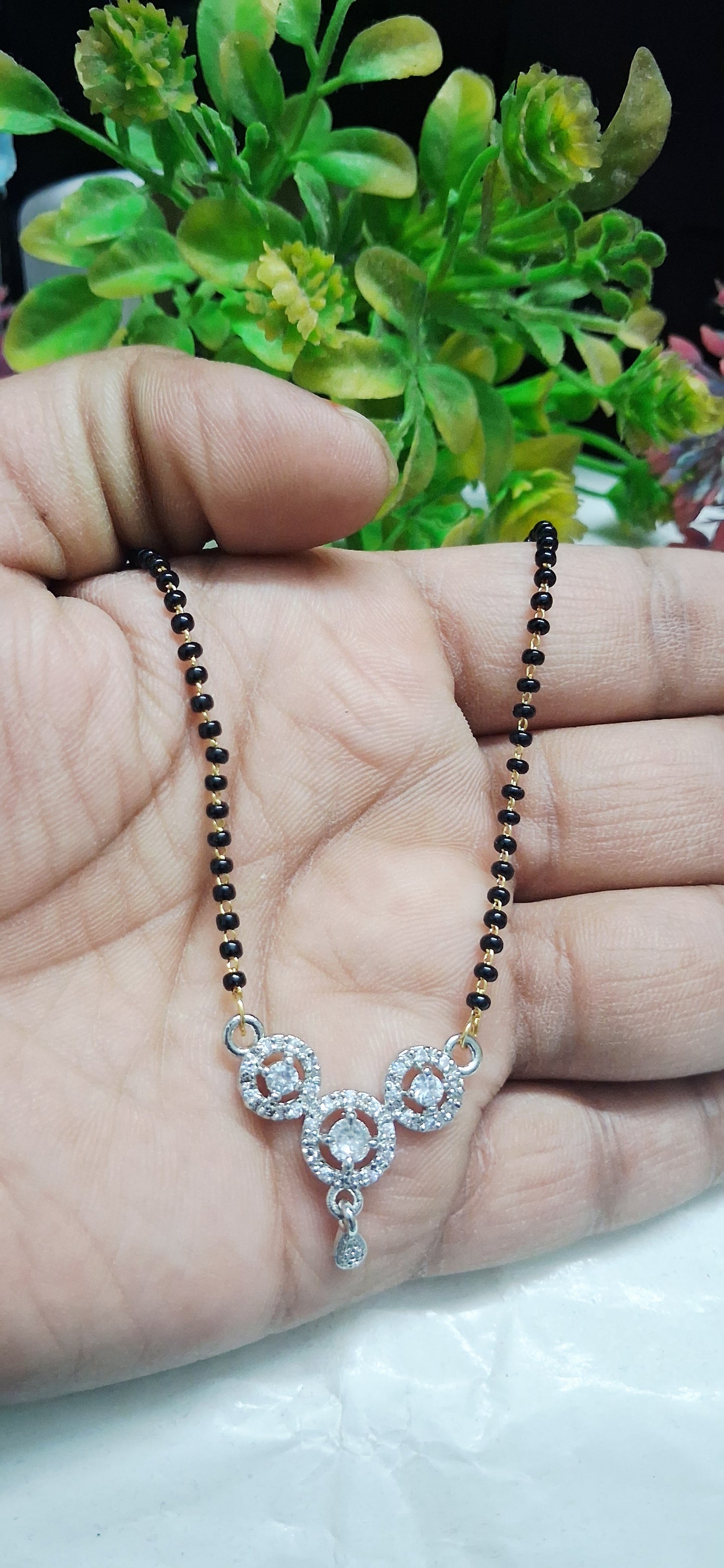 Elegant Black Beads Mangalsutra with American Diamond Pendant for Women