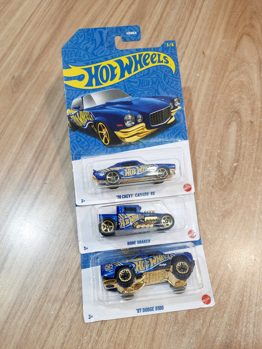 Hot Wheels 58th Anniversary 70 Chevy Camaro RS, Bone Shaker & 87 Dodge D100