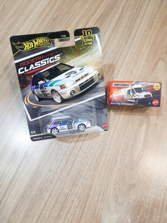 Hot Wheels Modern Classics Mazda 323 GTR & Matchbox Mercedes Benz Sprinter Ambulance