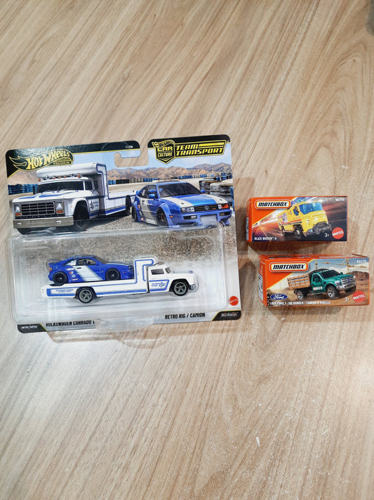 Hot Wheels Team Transport Volkswagen Corrado VR6, Retro Rig & Matchbox Blaze Blaster II, 1974 Ford F 100 Ranger