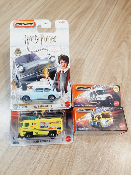 Matchbox 1962 Ford Anglia, Blaze Blaster lll, Mercedes Benz Sprinter Ambulance & Blaze Buster ll