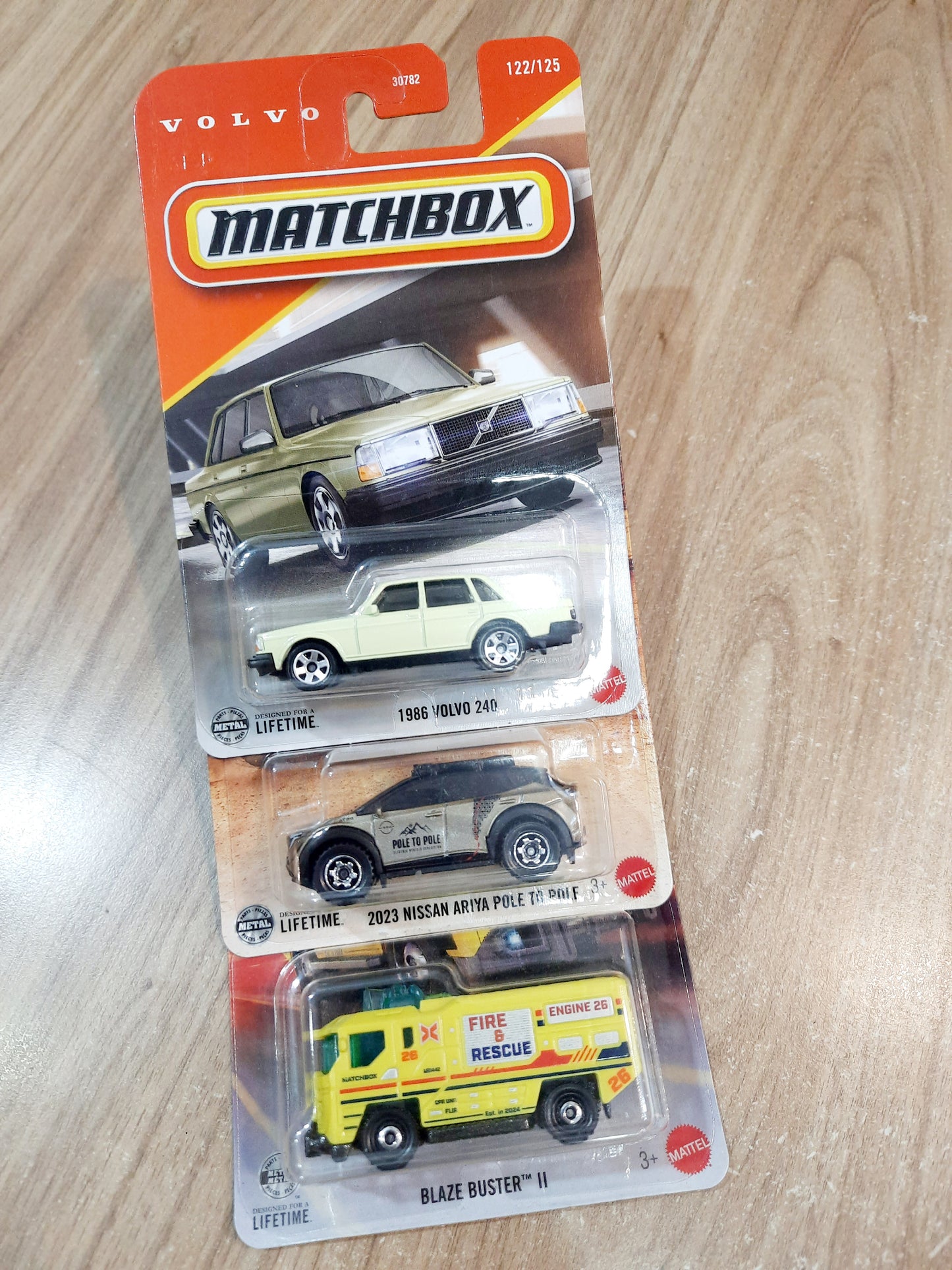(Creased Cards) Matchbox 1986 Volvo 240, 2023 Nissan Ariya Pole To Pole & Blaze Buster ll