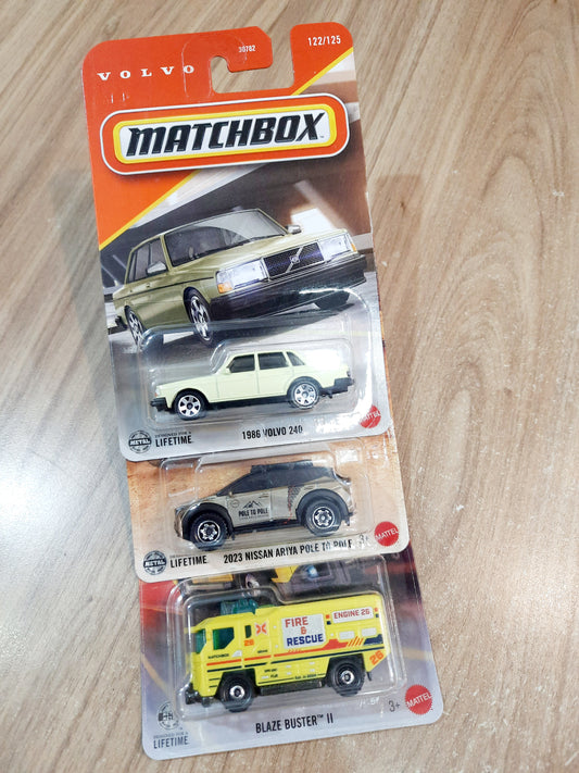 (Creased Cards) Matchbox 1986 Volvo 240, 2023 Nissan Ariya Pole To Pole & Blaze Buster ll