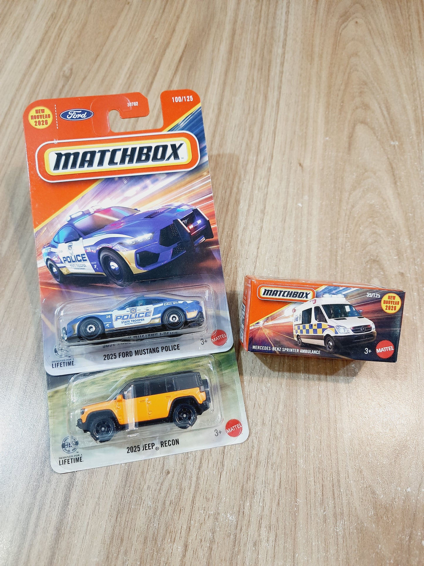 Matchbox 2025 Ford Mustang Police, 2025 Jeep Recon & Mercedes Benz Sprinter Ambulance Diecast Scale Model