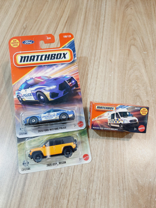 Matchbox 2025 Ford Mustang Police, 2025 Jeep Recon & Mercedes Benz Sprinter Ambulance Diecast Scale Model