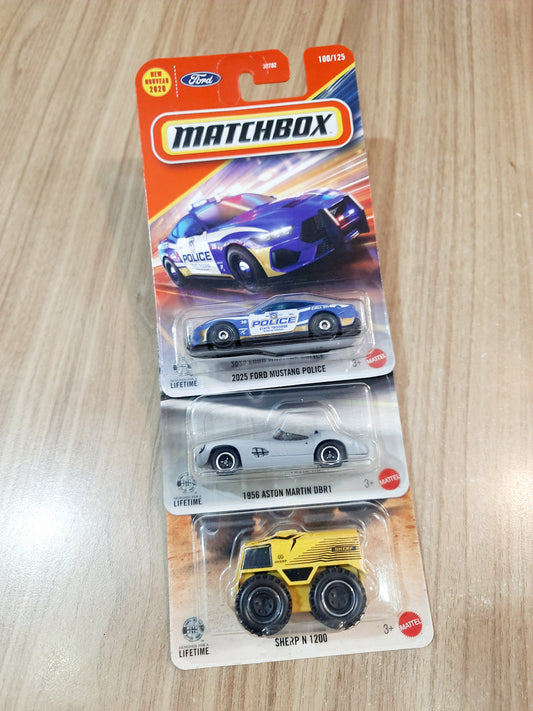 Matchbox 2025 Ford Mustang Police, 1956 Aston Martin DBR1 & Sherp N 1200 Diecast Scale Model