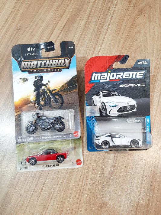 Matchbox 2024 Triumph Scrambler, 71 Porsche 914 & Majorette Mercedes Amg GT 63 Diecast Scale Model