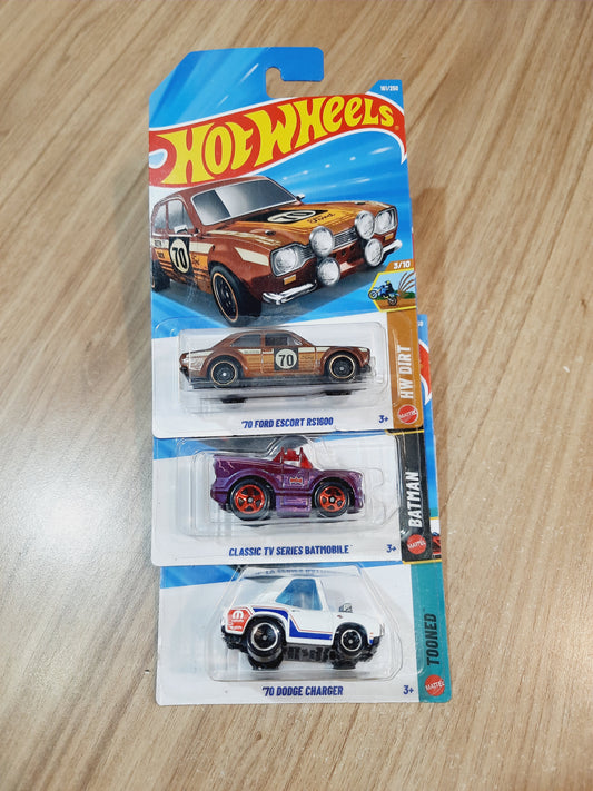 Hot Wheels 70 Ford Escort RS1600, Classic Tv Series Batmobile & 70 Dodge Charger