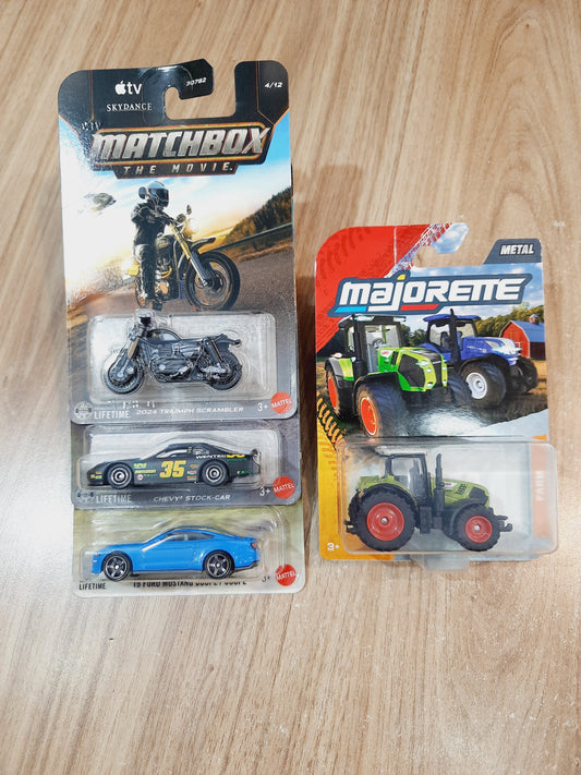 Matchbox 2024 Triumph Scrambler, Chevy Stock Car, 19 Ford Mustang Coupe & Majorette Farm Premium Claas Arion 660