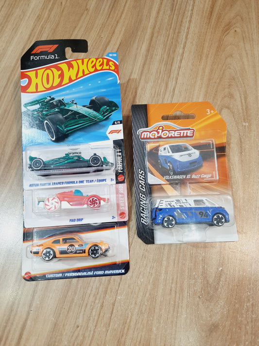 Hot Wheels Aston martin Aramco Formula One Team , Mad Drip, Neon Custom Ford Maverick & Majorette Volkswagen Id Buzz Cargo