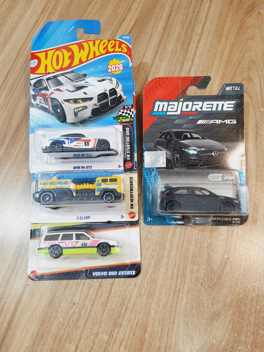 Hot Wheels BMW M4 GT3, 5 Alarm, Neon Volvo 850 Estate & Majorette Mercedes Amg A 35