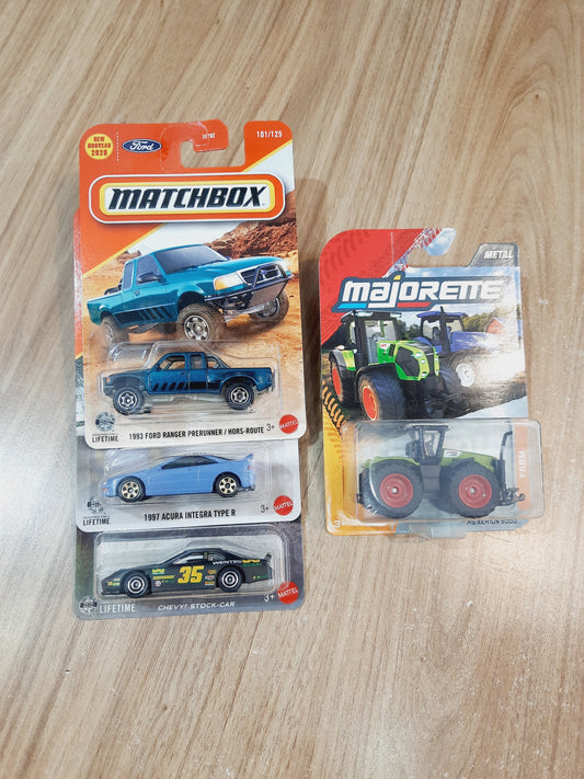 Matchbox 1993 Ford Ranger Prerunner, 1997 Acura Integra Type R, Chevy Stock Car & Majorette Farm Claas Xerion 5000