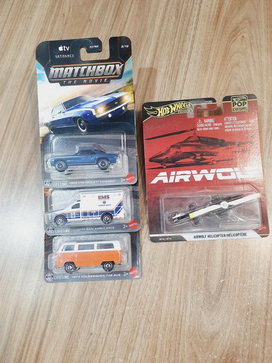 Matchbox 1969 Chevrolet Camaro, 2019 Ram Ambulance, 1973 Volkswagen T2B Bus & Hot Wheels Premium Airwolf Helicopter