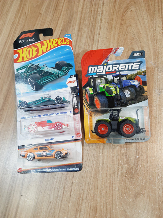 Hot Wheels Aston martin Aramco Formula One Team, Mad Drip, Neon Custom Ford Maverick & Majorette Farm Clas Xerion 5000
