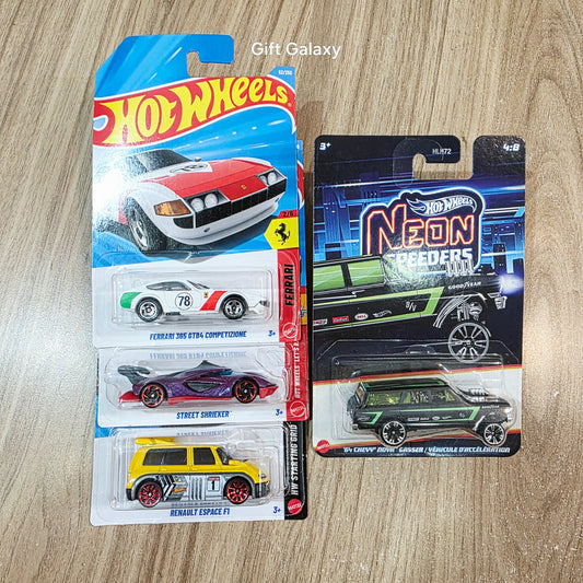 Hot Wheels, Ferrrari 365 GTB4 Competizione, Street Shrieker, Renault Espace F1 & Neon 64 Chevy Nova Gasser
