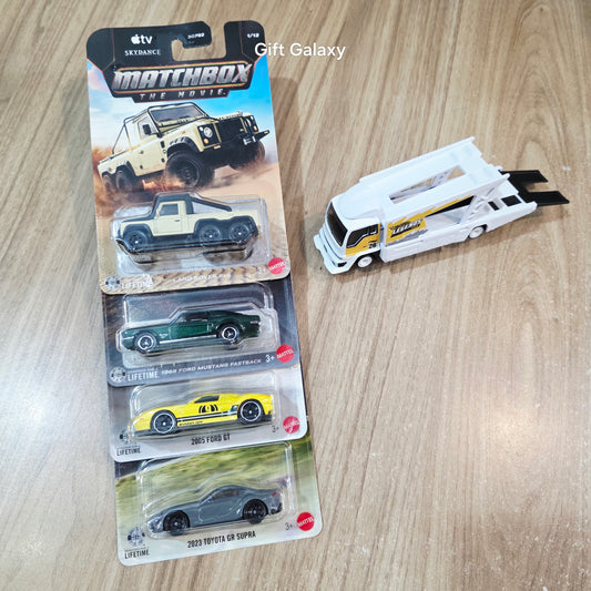 Matchbox Land Rover 6x6, 1968 Ford Mustang Fastback, 2005 Ford GT, 2023 Toyota GR Supra &  Lose Hot Wheels Kousoku Hauler Transport Truck