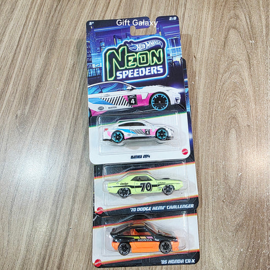 Hot Wheels Neon Speeders Bmw M4, 70 Dodge Hemi Challenger & 85 Honda CR X