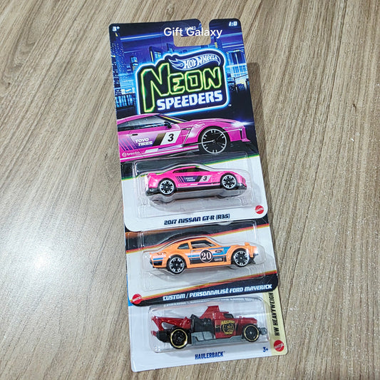 Hot Wheels Neon Speeders 2017 Nissan GT R (R35), Custom Ford Maverick & Haulerback