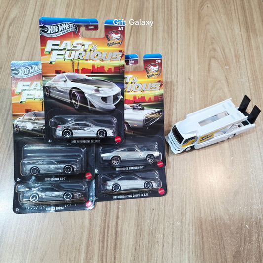 Hot Wheels Fast & Furious Silver Series 25th Anniversary (Pack of 5) HNR88 & Kousoku Hauler Transport Truck