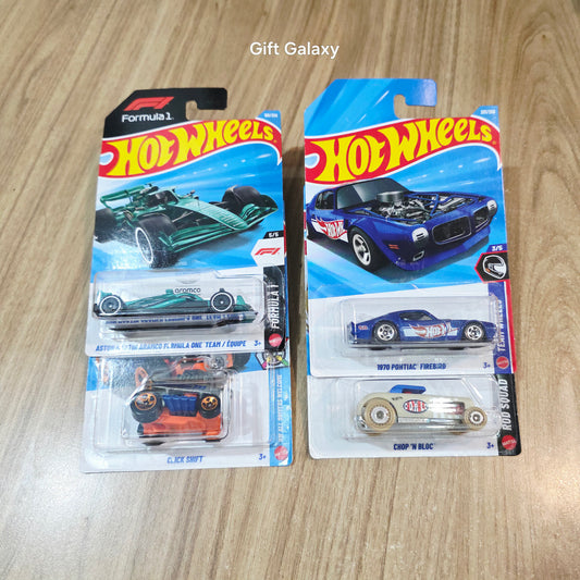 Hot Wheels Aston martin Aramco Formula One Team, Click Shift, Chop N Bloc & 1970 Pontiac Firebird