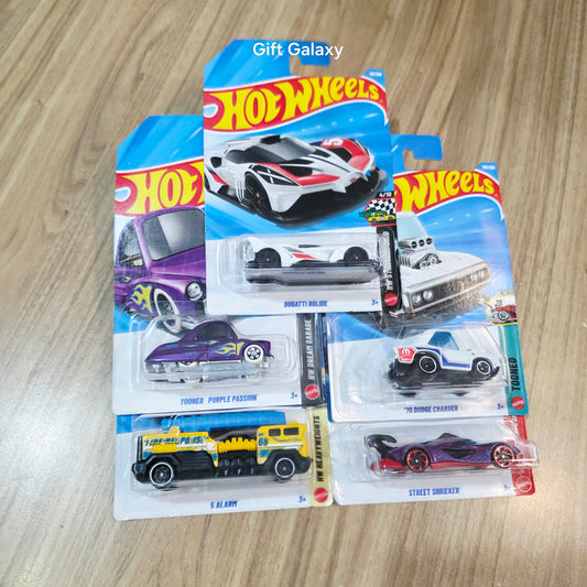 Hot Wheels Bugatti Bolide, 70 Dodge Charger, Street Shrieker, Tooned Purple Passion & 5 Alarm