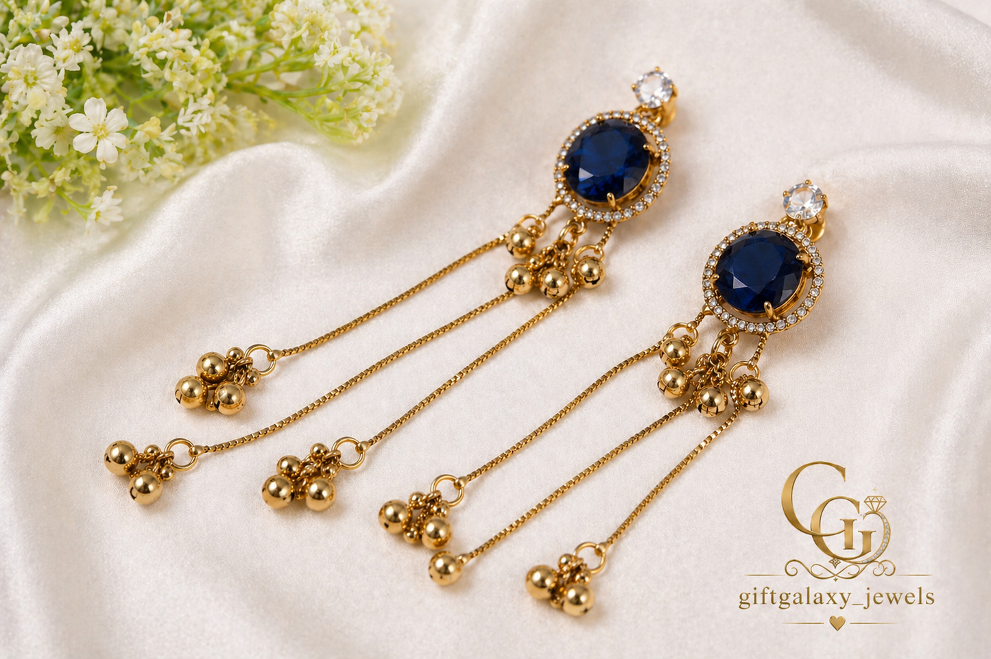 Royal Blue Stone Dangle Earrings for Women | Gold Plated Long Chain Party Wear Earrings