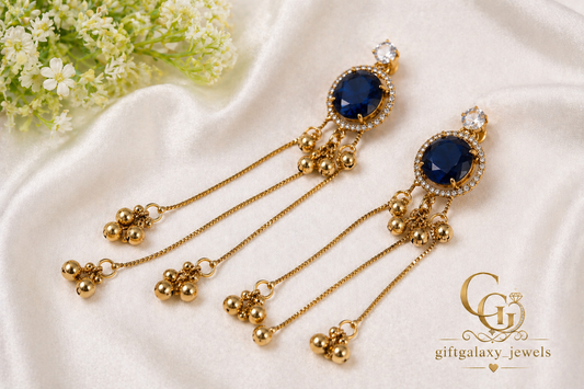 Royal Blue Stone Dangle Earrings for Women | Gold Plated Long Chain Party Wear Earrings