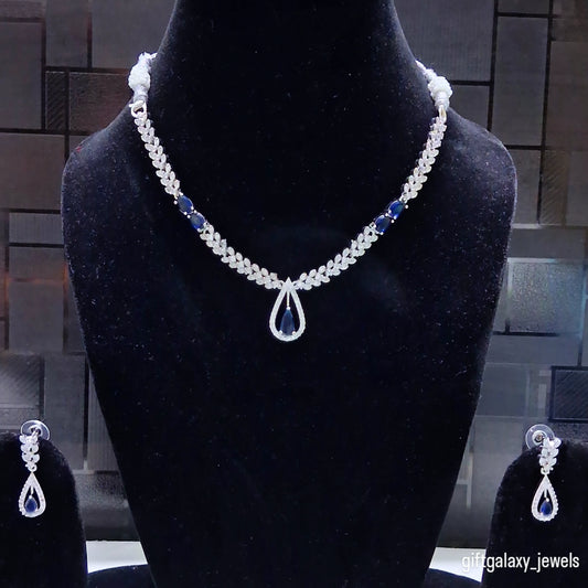 Elegant Sapphire Blue Teardrop Necklace Set with Matching Earrings | Silver Finish Party Jewelry