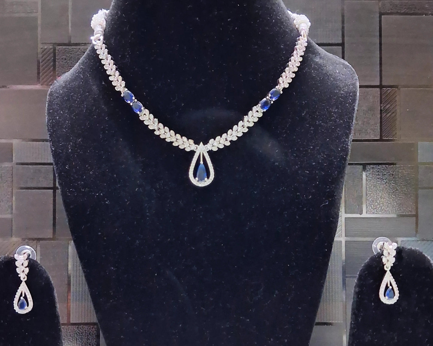 Elegant Sapphire Blue Teardrop Necklace Set with Matching Earrings | Silver Finish Party Jewelry
