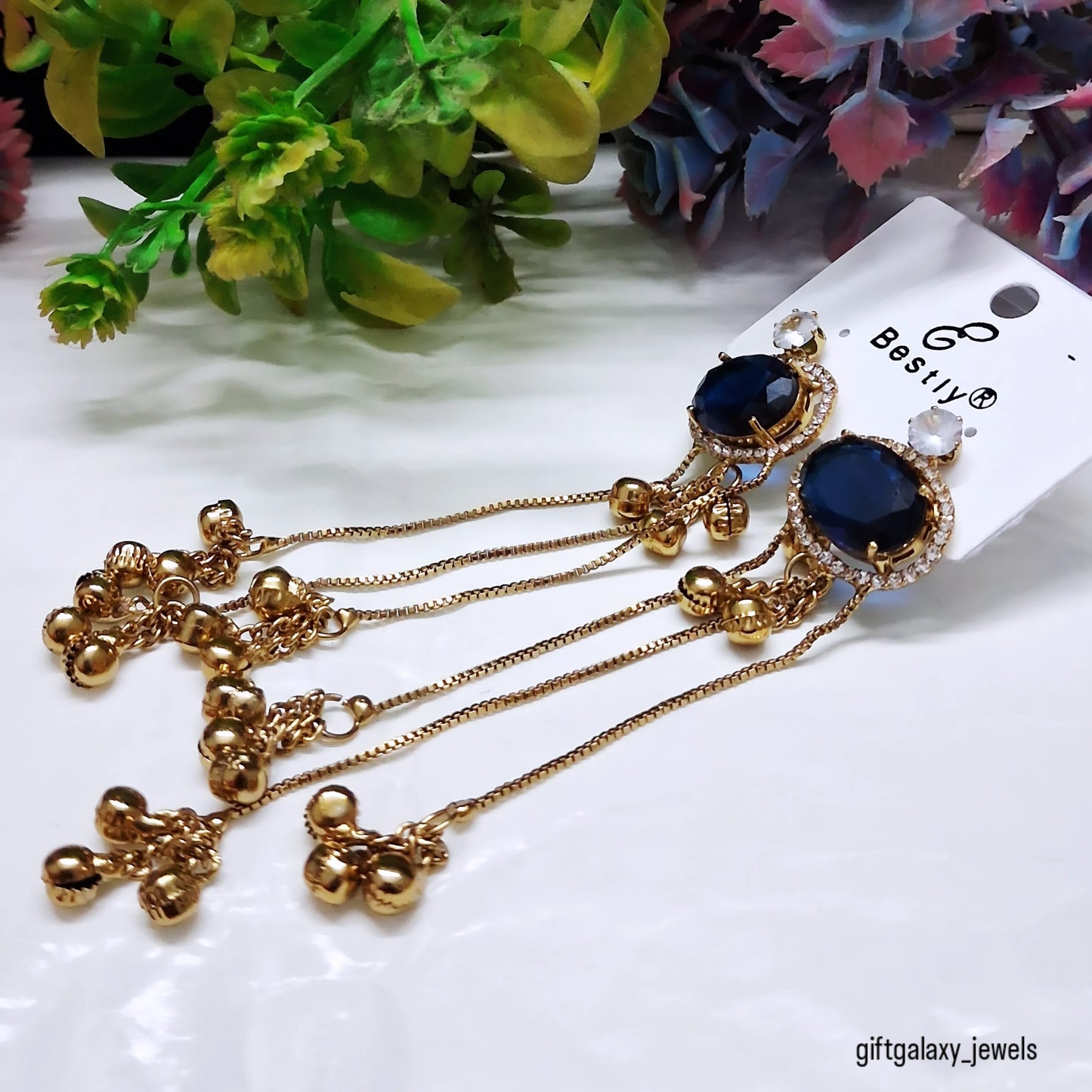 Royal Blue Stone Dangle Earrings for Women | Gold Plated Long Chain Party Wear Earrings