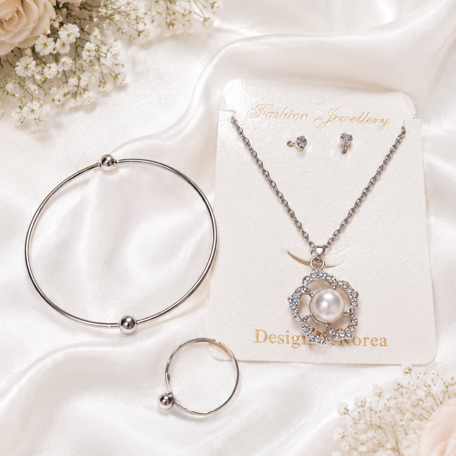 Pearl Floral Jewellery Set with Necklace, Earrings, Bracelet & Ring – Korean Style Elegant Gift Set for Women