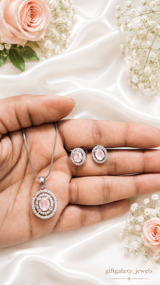 Elegant Emerald Oval Pendant Necklace & Stud Earrings Jewelry Set