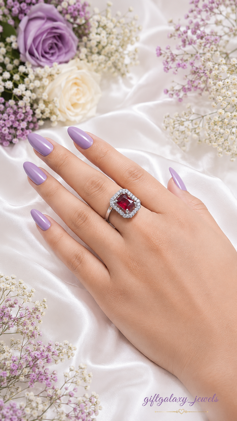 red emerald cut halo statement ring with silver tone adjustable band on satin background