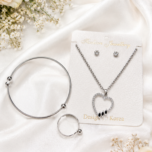 Silver Heart Pendant Jewellery Set with Bracelet, Ring & Stud Earrings for Women – Korean Style Elegant Gift Set for Women
