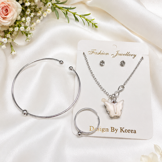 Butterfly Pendant Jewellery Set with Bracelet, Ring & Stud Earrings for Women | Korean Style Silver Finish