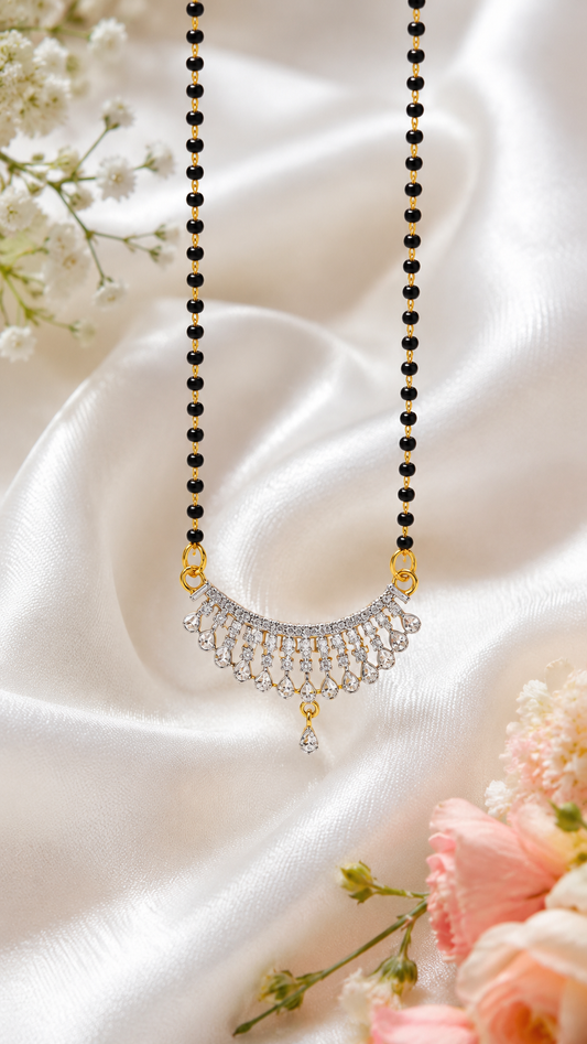Elegant CZ Diamond-Style Black Bead Mangalsutra Necklace for Women | Gold Plated Traditional Pendant Chain